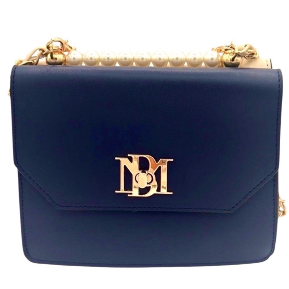 Badgley Mischka NWT Navy/Cream Double Sided Satchel with Gold Details